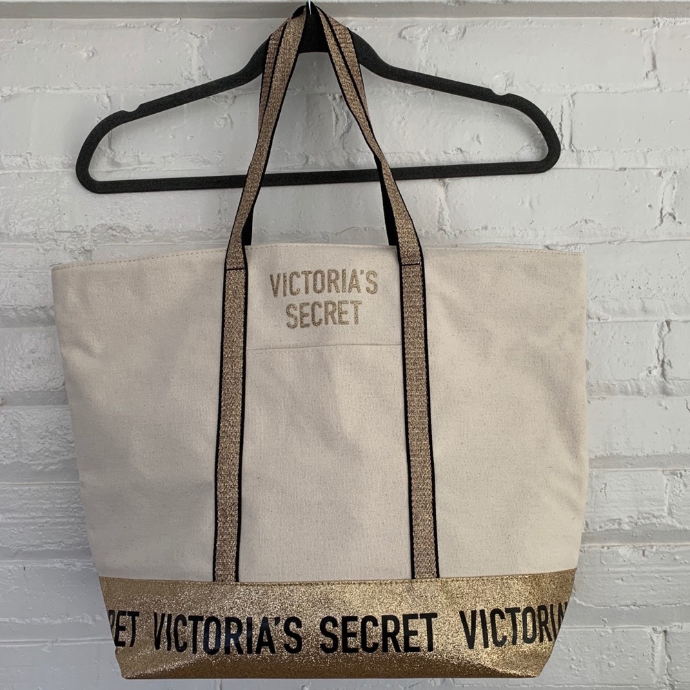 Victoria's Secret Gold Sparkle Canvas Tote Bag